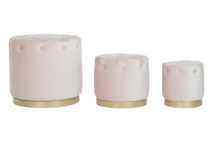 IT206636 MED Três pufes cilíndricos rosa claro com base dourada em diferentes tamanhos