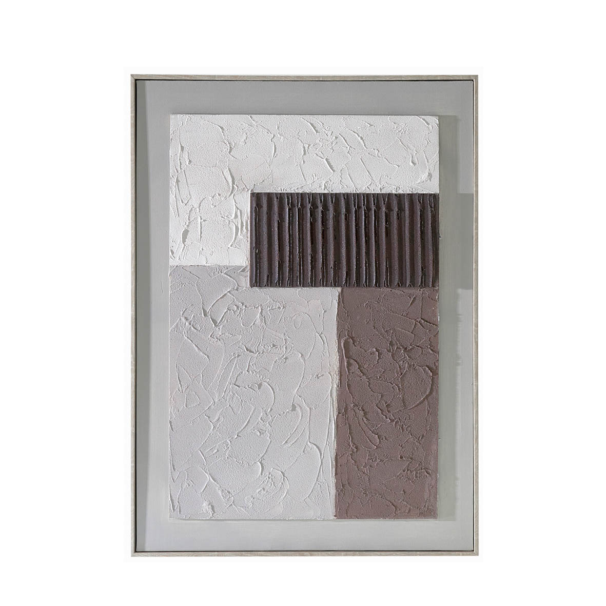 IM97170 Quadro decorativo com relevo em tons neutros e moldura cinza clara