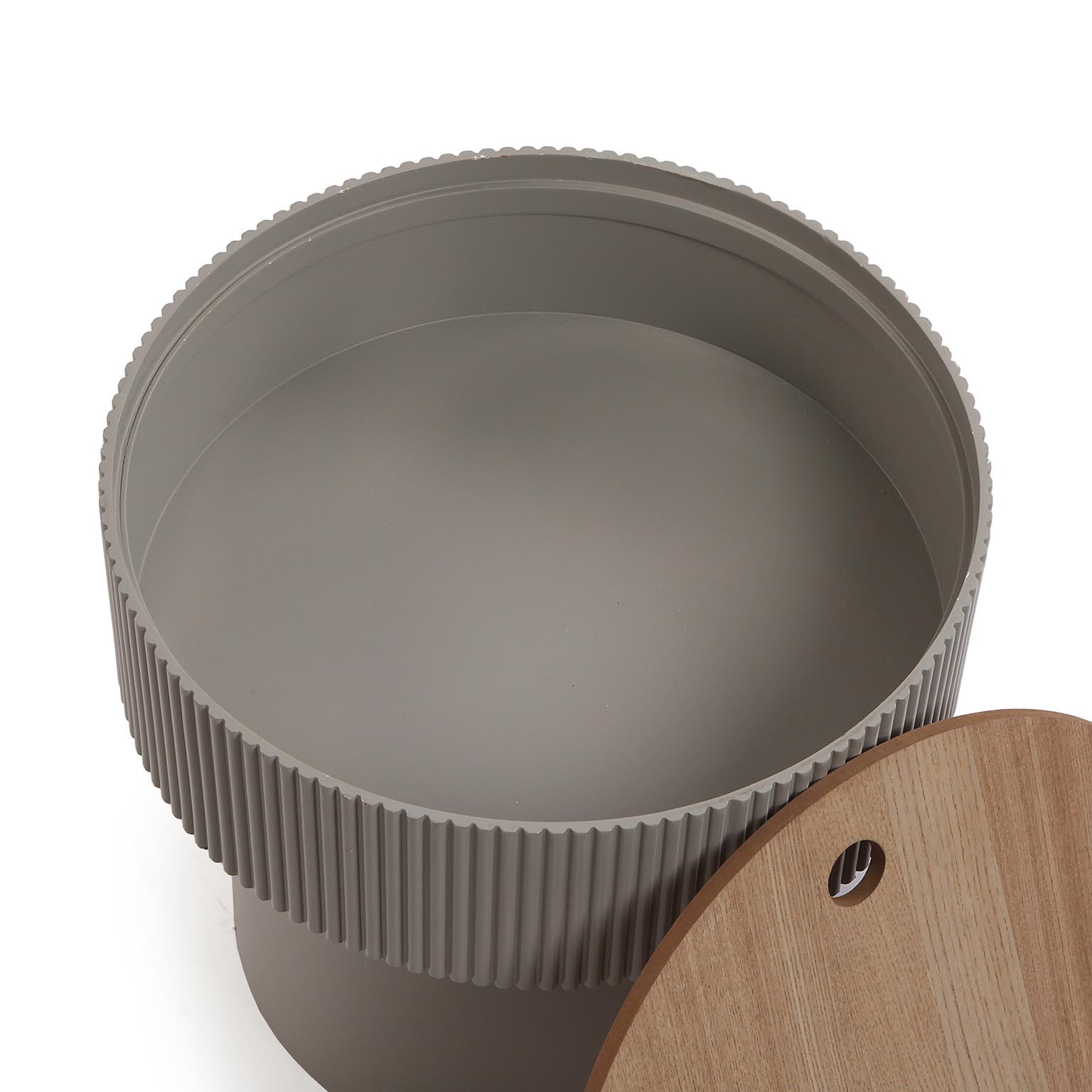 VE19880047 Contentor redondo cinzento com tampa de madeira clara