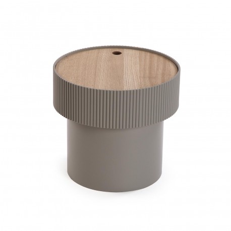 VE19880047 Mesa de apoio cilíndrica cinza com tampo de madeira clara