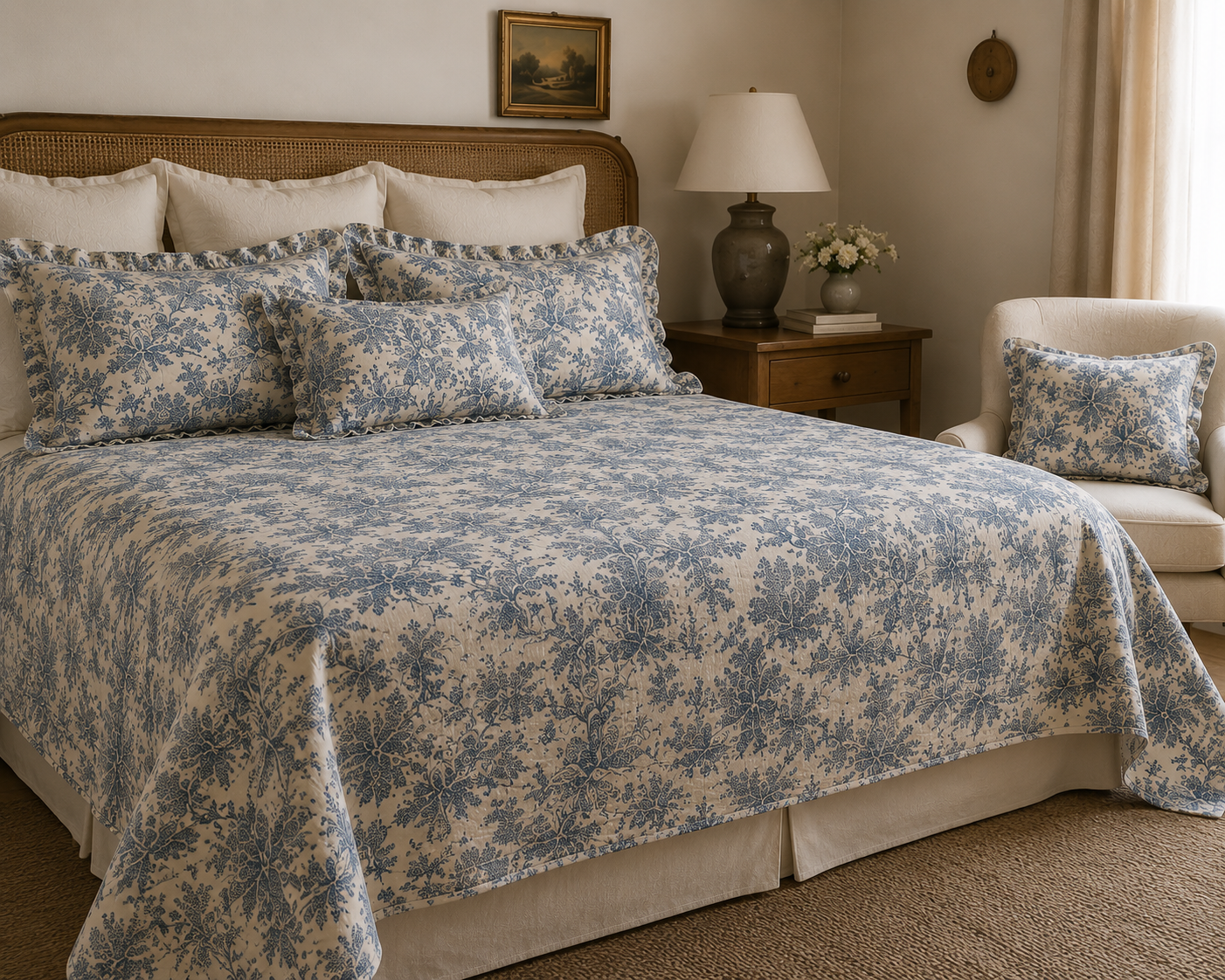Coleção Constança Roupas de cama com padrão floral azul e creme em quarto com poltrona creme e cabeceira de vime