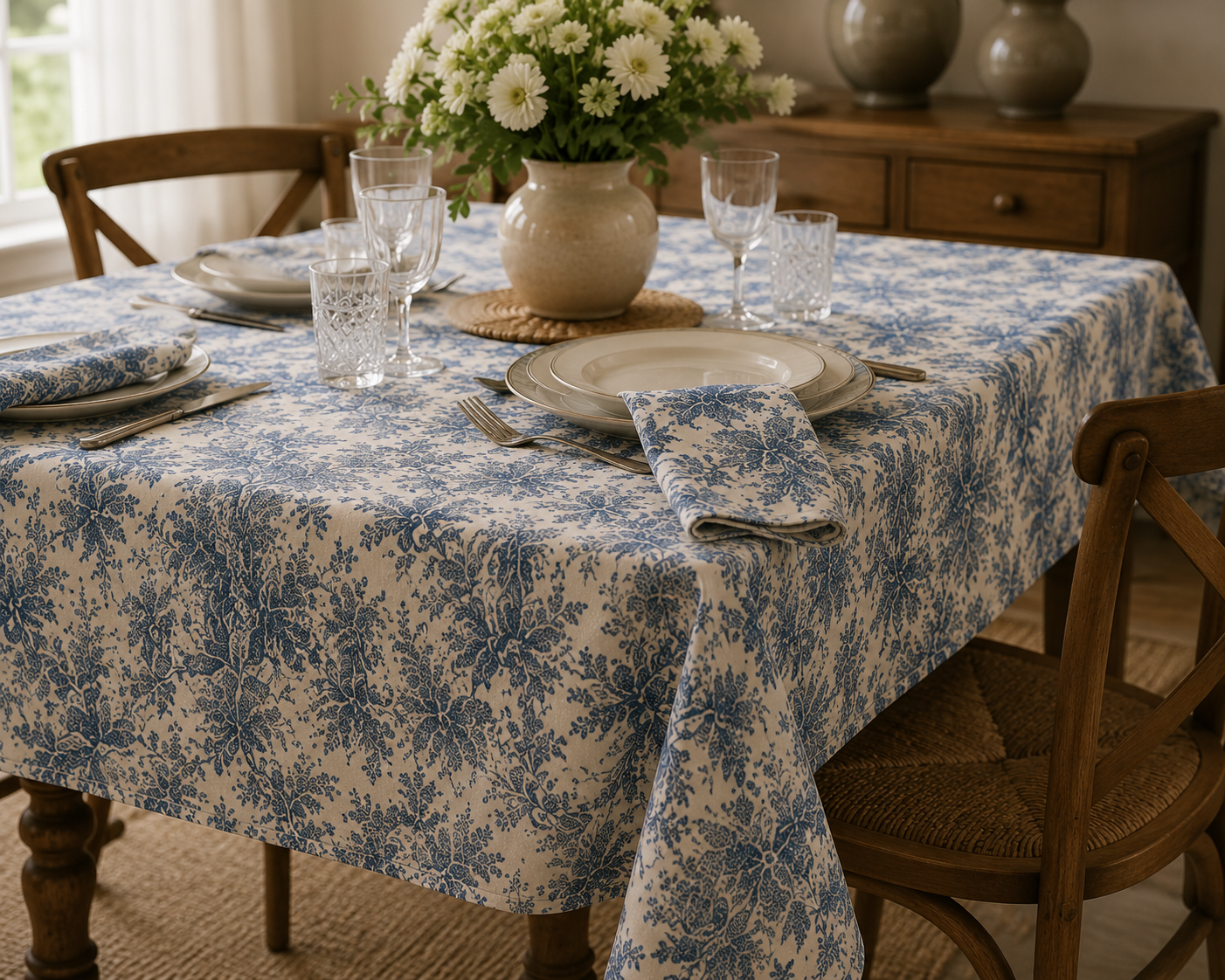 Coleção Constança Mesa posta com toalha e guardanapo floral azul e bege, pratos cerâmicos, copos de vidro e jarro com flores brancas.