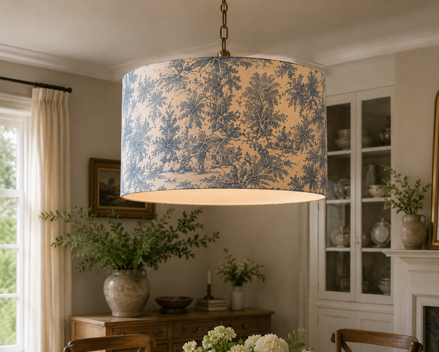 Coleção Constança Luminária de teto com cúpula de tecido bege e padrão azul com motivos naturais