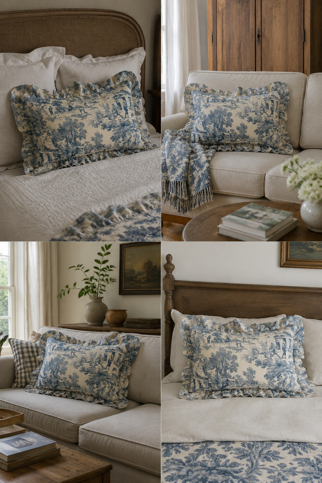 Coleção Constança Almofada decorativa toile de jouy azul creme em cama e sofá