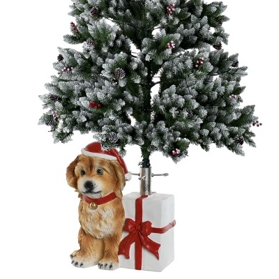 Árvore de Natal artificial com base decorativa com figura de cão e presente