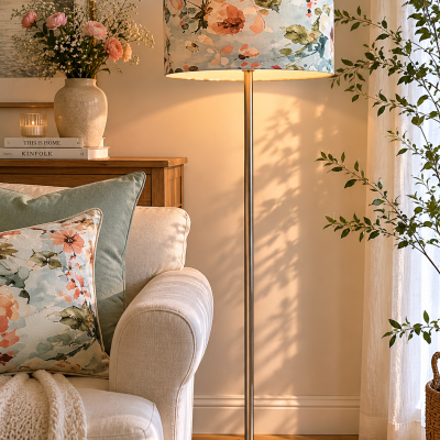 Lâmpada de pé com abajur floral e sofá creme com almofadas junto a planta e cortina