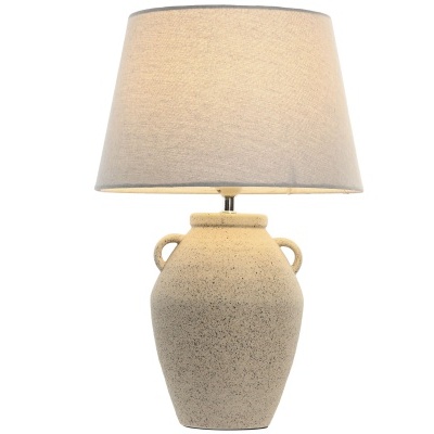 Lâmpada de mesa com base cerâmica bege e abajur cinza