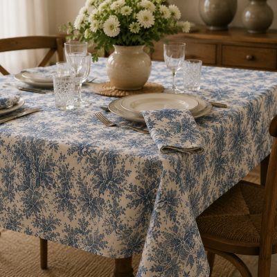 Mesa posta com toalha e guardanapo floral azul e bege, pratos cerâmicos, copos de vidro e jarro com flores brancas.