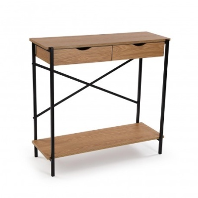 Consola em madeira clara com estrutura metálica preta e duas gavetas