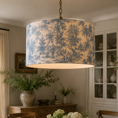 Luminária de teto com cúpula de tecido bege e padrão azul com motivos naturais