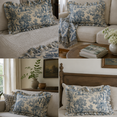 Almofada decorativa toile de jouy azul creme em cama e sofá