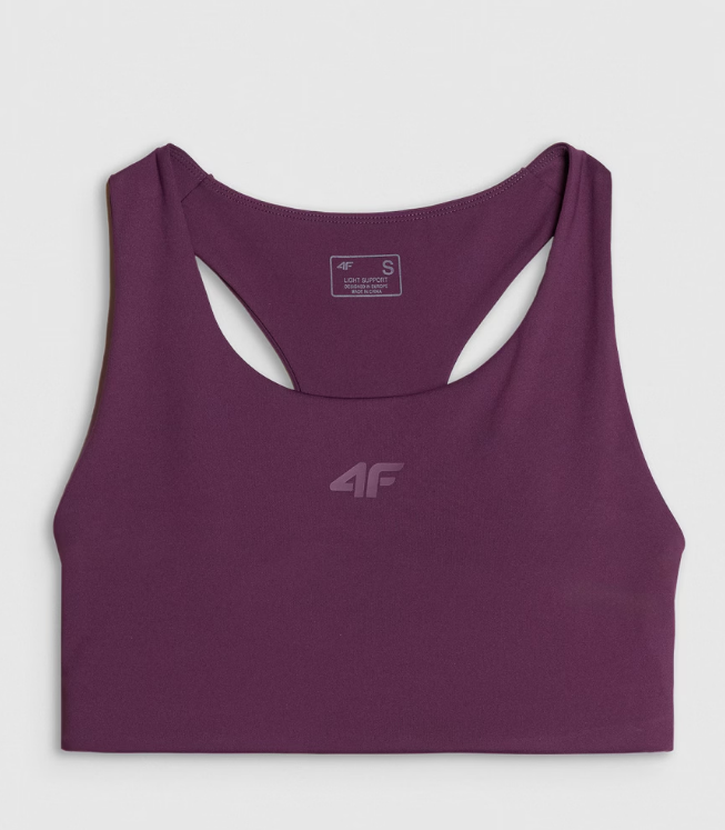 Sutiã de treino feminino com suporte baixo - Beringela Top desportivo roxo escuro com logo 4F