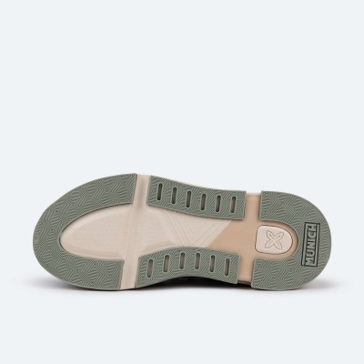 Sola de sapato cinza e bege com padrão antiderrapante e logo MUNICH