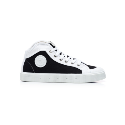 Ténis desportivo alto preto e branco com sola branca e logo circular