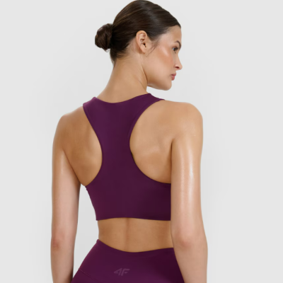 Top desportivo feminino roxo escuro com costas nadador e leggings combinando