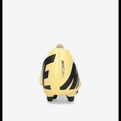 Bota de futebol amarela com texto MERCURIAL preta no calcanhar