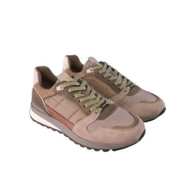 Ténis casuais bege, castanho e cinza com atacadores e sola preta