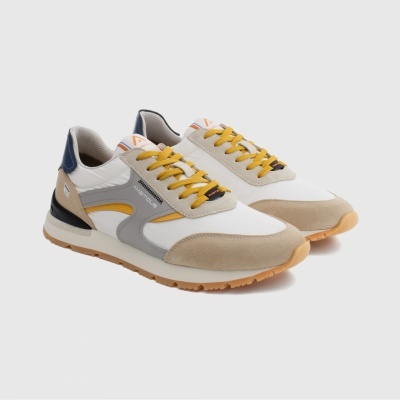 Sapatilhas unissexo brancas com detalhes em bege, cinza, amarelo e azul escuro