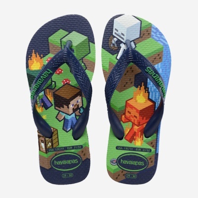 Chinelos havaianas com estampa Minecraft e tiras azuis escuras