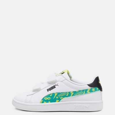 Ténis branco de criança com tiras de velcro e risca lateral colorida