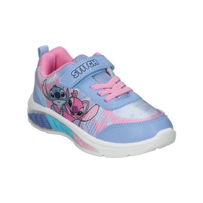 Tênis infantil azul claro e rosa com desenhos de Stitch e Angel e fecho em velcro