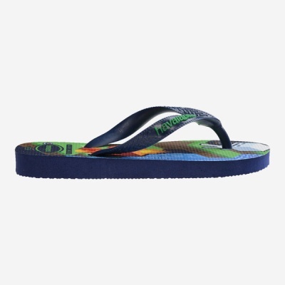 Chinelo flip-flop azul com alças azuis e padrão multicolor