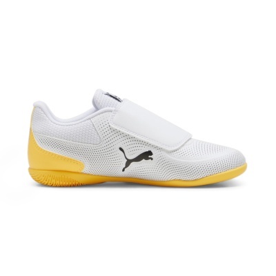 Sapato desportivo branco com sola amarela e logo preto Puma