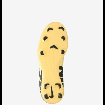 Sola de chuteira de futebol amarela com pregos pretos e texto em preto