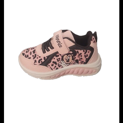 Ténis infantil rosa com padrão de manchas pretas e imagem da Minnie.