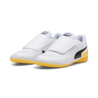 sapatilhas desportivas brancas com detalhes em preto e amarelo e tiras de velcro