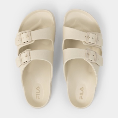 Sandálias Fila bege com duas tiras ajustáveis e fivelas