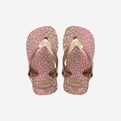 Chinelos Havaianas padrão animal rosa e bege com tiras metálicas douradas