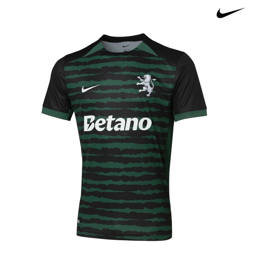 Camisola de futebol Nike verde e preta com padrões risca e logos brancos