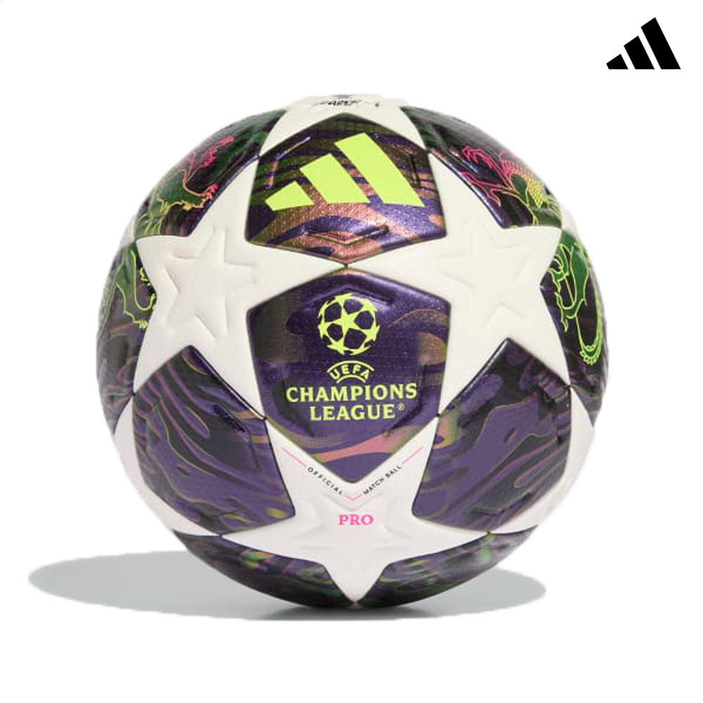 Bola de futebol Adidas UEFA Champions League com design colorido e estrelas em relevo.