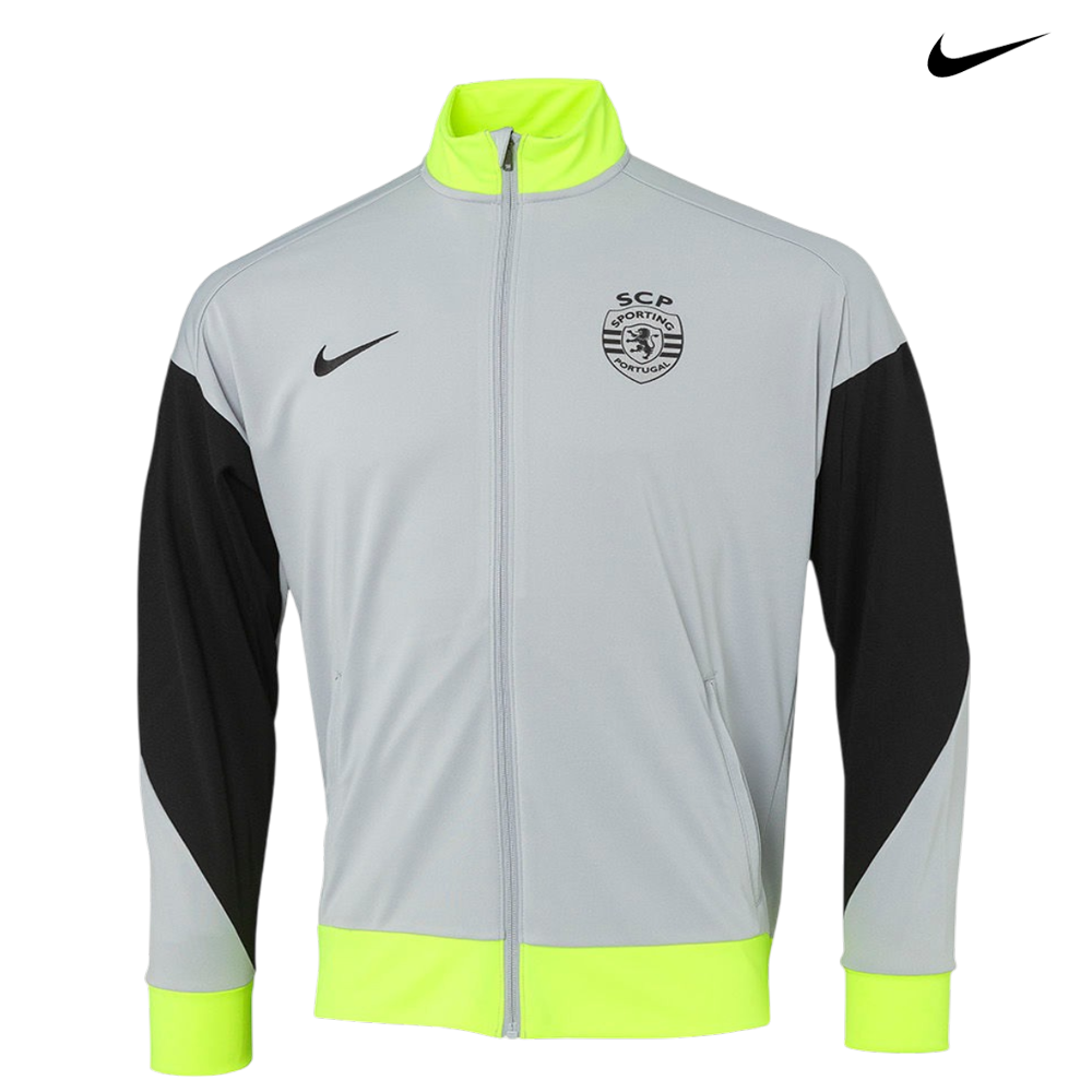 Casaco desportivo cinza claro com detalhes pretos e amarelo fluorescente com emblema SCP e logo Nike