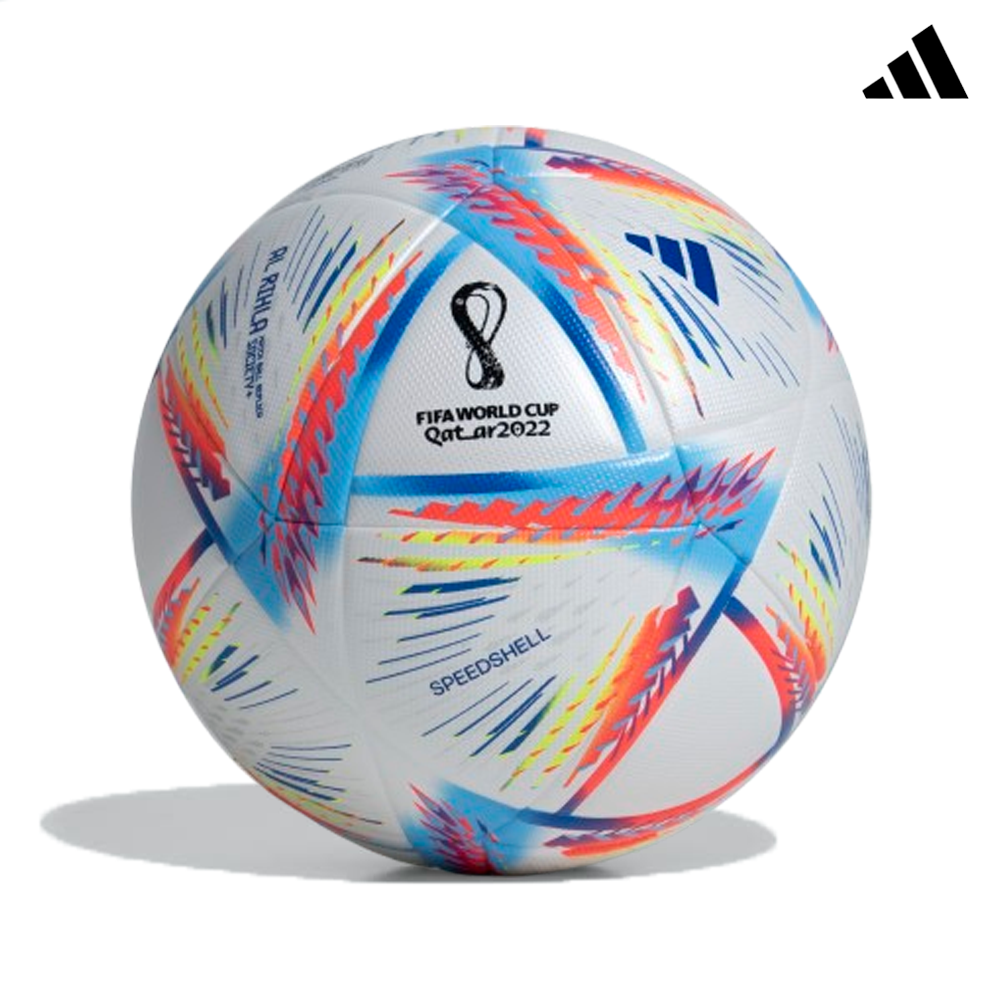 Bola de futebol Adidas branca com padrões coloridos e texto FIFA WORLD CUP Qatar 2022