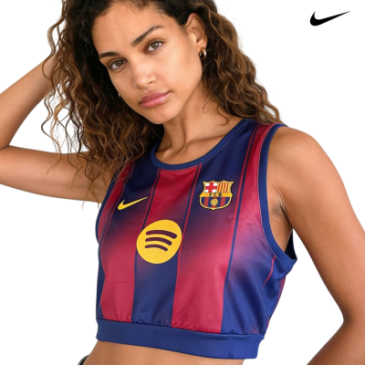 Top cropped azul e grená com logos Nike, Spotify e FC Barcelona