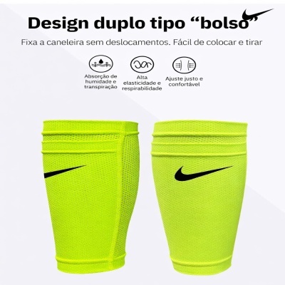 Caneleiras desportivas amarelas fluorescentes com logotipo preto da Nike