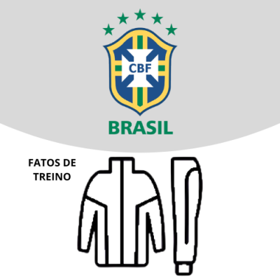 Desenho gráfico preto e branco de fato de treino com emblema da CBF e texto Brasil e Fatos de treino.