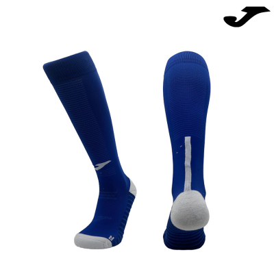 Meias desportivas compridas azuis com detalhes brancos e logo Joma