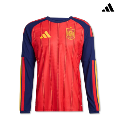 Camisola desportiva de manga comprida vermelha com mangas azul marinho e detalhes vermelhos e amarelos