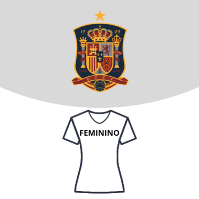 Emblema da seleção espanhola de futebol feminino e t-shirt branca com inscrição FEMININO