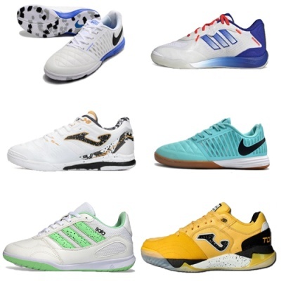 Seis pares de sapatilhas de desporto indoor variadas em cores e marcas, dispostas sobre fundo branco.