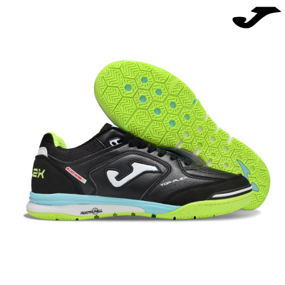 Ténis desportivos Joma Top Flex preto e verde limão com sola texturada.