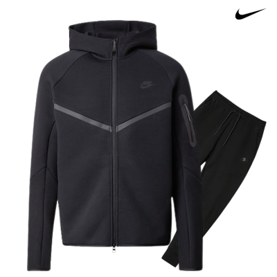 Conjunto desportivo Nike preto com casaco de capuz e calças.