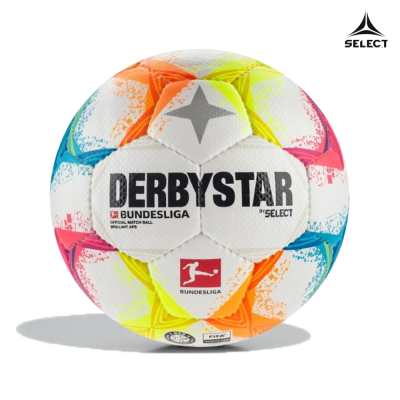 Bola branca de futebol colorida com texto DERBYSTAR BUNDESLIGA BY SELECT