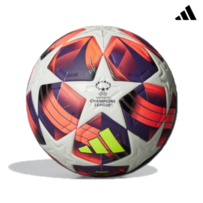 Bola de futebol Adidas branca com estrelas, padrões laranja e roxo, logotipo verde e texto Womens Champions League.