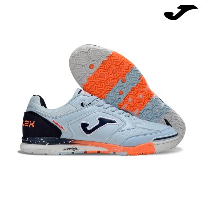 Ténis desportivos Joma Top Flex cinza claro, preto e laranja com sola colorida e padrão geométrico