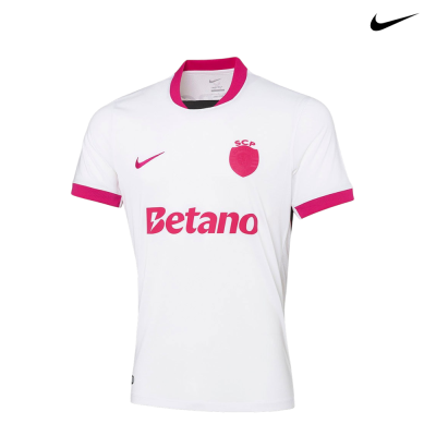 Camisola de futebol branca com detalhes e logótipos cor-de-rosa