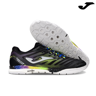 Sapatilhas desportivas negras com detalhes coloridos e sola branca com padrão hexagonal